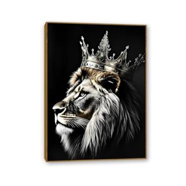 Imagem de SDYJ6GSW Rei Leão com coroa dourada arte de parede em tela preto e branco de animais selvagens africanos imagem leão com coroa imagens decoração de parede para escritório quarto decoração de casa 42 x