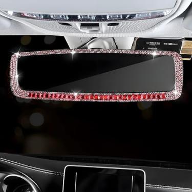 Imagem de Espelho retrovisor de carro grande angular de vidro HD de 10,7 polegadas com clipe diamante brilhante acessórios decorativos interiores panorâmicos decoração de carro para mulheres (vermelho)