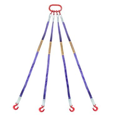 Imagem de Kivomot Pacote com 2 tiras de elevação roxas com ganchos, estilingue de 2 pernas de 1,5 m, trança de poliéster, gancho de material G80 e anel de suspensão, carga máxima de 2 toneladas para guindaste,