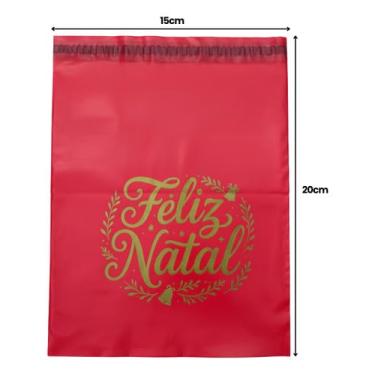 Imagem de Envelope de Segurança Natalino, Hi Pack, Plástico, Vermelho com Tema Feliz Natal, Diversos Tamanhos, Auto Vedação, Retangular, 50 Unidades, para Comércio Eletrônico Ecommerce (15x20cm)