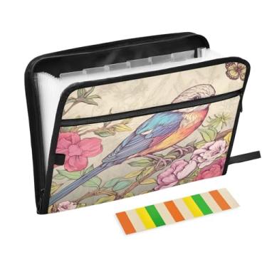 Imagem de Wassud Pássaro desenhado à mão, 13 bolsos, organizador de arquivos sanfonados, pastas expansíveis com abas e adesivos, organizador de pastas de documentos de recibo de papel tamanho carta A4 para