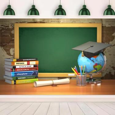 Imagem de YongFoto Quadro negro de 1,5 x 0,9 m, livros de fundo para graduação, boné de graduação, mapa, lápis, suporte de caneta Tellurion, fundo fotográfico para ensinar online, decoração de festa de volta às