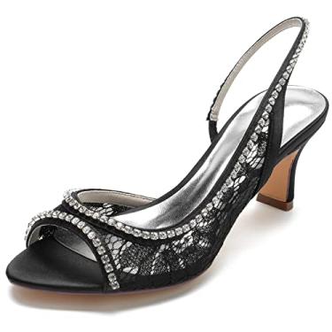 Imagem de Sandálias femininas de strass para casamento fofas de renda conforto salto gatinho peep toe Slingback, Preto, 8.5