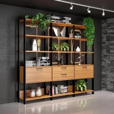 Imagem de Kit 3 Estantes MDF 2 Portas 2 Gavetas Freijó/Preto Fosco - Dallacosta