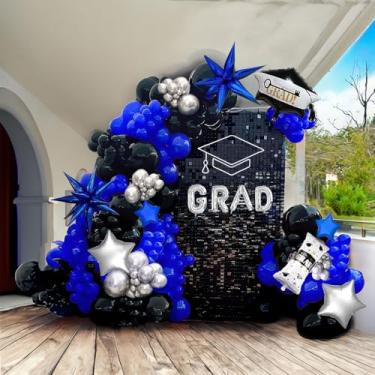 Imagem de yeewaka Kit De Arco Guirlanda Balões Pretos, Azul Royal E Prata, Mais 130 Peças Com Estrelas, Boné Certificado Formatura, Letras Mylar Para Decoração Baile 2025