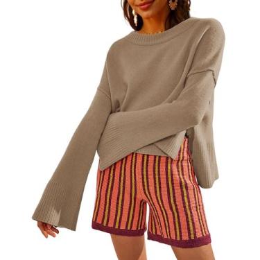 Imagem de Suéter feminino TAQCUX, gola redonda, manga estilo sino, cáqui, tamanh