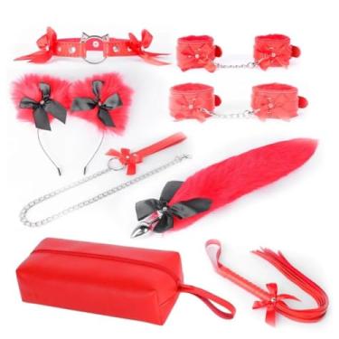 Imagem de Kit para Casais, Algemas Chicote, Gola Pescoço, Brinquedos Sexuais, Jogos para Adultos, Incluir Saco, 8 Peças (Vermelho)
