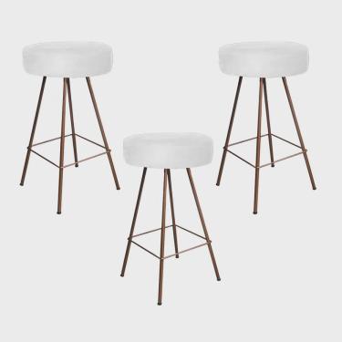 Imagem de Kit 03 Banqueta Alta Laisa Industrial Redonda Cozinha Bar Balcão Bistrô Ferro Bronze Corino Branco - Ahz Móveis
