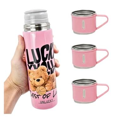Imagem de Garrafa Térmica Inox 500ml com 3 Xícaras Parede Dupla Vácuo Estampa Urso