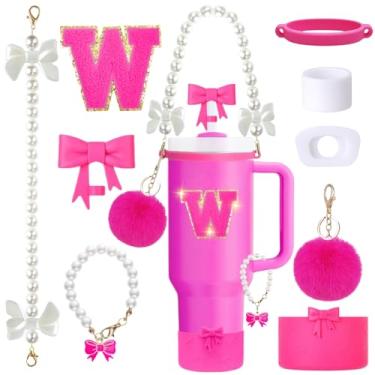 Imagem de Conjunto de acessórios de copo Stanley rosa de 9 peças para copo de 850 g 1134 g com alça, inclui alça de pérola, topos de palha e bota, pingentes decorativos, adesivo de carta, tampas à prova de