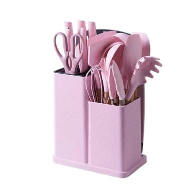 Imagem de Conjunto De Utensílios De Silicone Com Cabo De Madeira E Kit De Facas Com Tábua – 19 Peças(Rosa)