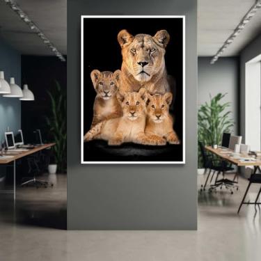 Imagem de Quadro com Moldura Leoa 3 Filhotes Leões Decorativo Grande Sala Quarto Hall