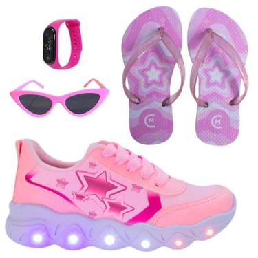 Imagem de Tênis Led Infantil Feminino Casual Jogging Estrela Coração Rosa +Óculo