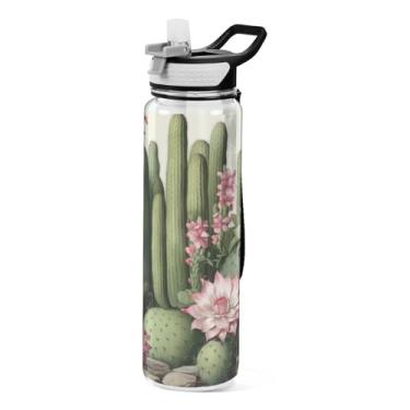 Imagem de Burbuja Garrafa de água Cactus Plant de 940 ml com tampa de palha, à prova de vazamento e livre de BPA para academia, esportes ao ar livre