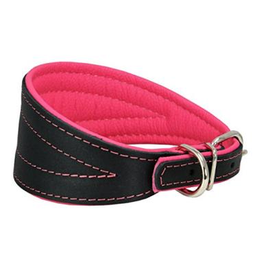 Imagem de Coleira de couro real extra larga acolchoada afunilada para cachorro preto brilhante Greyhound Saluki Deerhound Lurcher Whippet Dachshund (38-43 cm pescoço; 6,35 cm de largura, rosa)