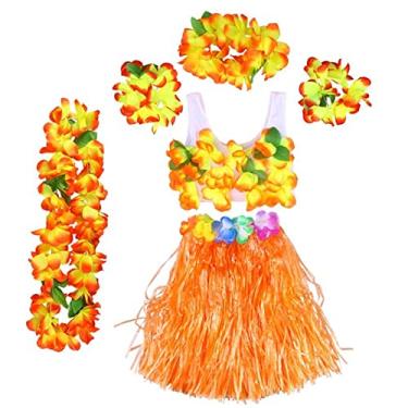 Imagem de ACHVAC Guirlanda de Natal artificial 6 peças Havaí tropical hula grama dança saia crianças flores leis pulseiras faixa de cabeça colar sutiã conjunto fantasia de festa havaiana (cor: laranja)