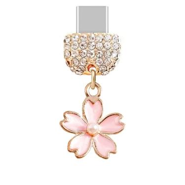 Imagem de ELISE & FONDA TP277 Tipo-C porta de carregamento USB cristal plugue anti-poeira flor de cerejeira Sakura pingente de telefone celular para telefones Samsung/Huawei/OnePlus/Xiaomi/oppo Android (rosa),
