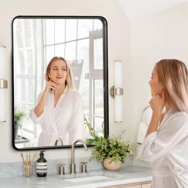 Imagem de miroro Espelho com moldura de metal preto de 91 x 76 cm para parede, espelho retangular arredondado grande, antiferrugem, vidro temperado, pendurado horizontal ou verticalmente