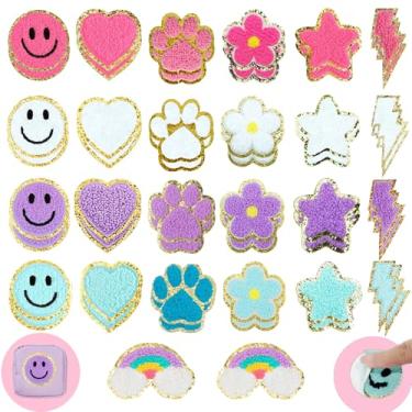 Imagem de Aramola Adesivos autoadesivos de letras de chenille - 50 peças, alfabeto estilo universitário com desenhos decorativos, rosa, roxo, azul, branco com acabamento dourado