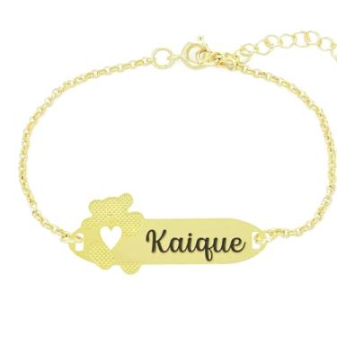 Imagem de Pulseira Personalizada Ursinho Coração Nome Kaique Banhado Ouro 18K - 999017065
