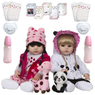 Imagem de Kit Boneca Reborn Gêmeas Girafinha Pandinha Vários Itens - Cegonha Reb