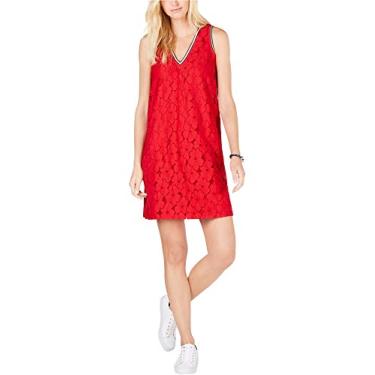 Imagem de Tommy Hilfiger Vestido feminino de renda floral sem mangas com decote em V, Escarlate, M