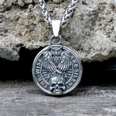 Imagem de Pingente vintage de aço inoxidável com cabeça de caveira de coruja – Joias gravadas "The Wise Are Silent" para quem busca sabedoria e contempladores, 24inches, Aço inoxidável, Sem Pedra Preciosa