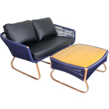 Imagem de Sofá Milão 2 Lugares Mesa Com Tampo De Madeira Corda Sintética Azul Marinho