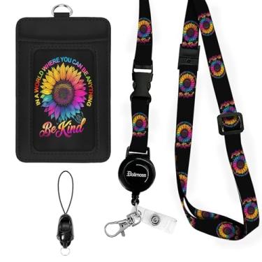 Imagem de bolimoss Porta-crachá de identificação Be Kind com cordão, cordão de girassol e carretel retrátil para crachá