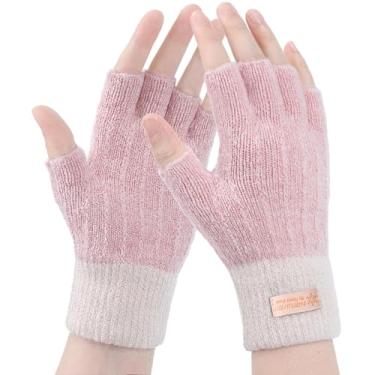 Imagem de Luvas sem dedos para mulheres quentes – Luvas térmicas de inverno tricotadas macias para metade dos dedos, Rosa + branco, tamanho �nico