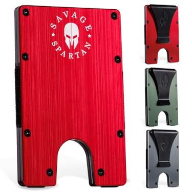 Imagem de Carteira tática Savage Spartan | Carteira fina minimalista com bloqueio de RFID e suporte de cartão de crédito de metal com clipe para dinheiro para homens, Vermelho, Small