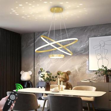 Imagem de Luminária pendente moderna de LED para mesa de jantar, 3000-6500K, dimerizável, com projeção de estrelas e lua, controle remoto, luminária de teto semi-embutida para cozinha, hotel, restaura