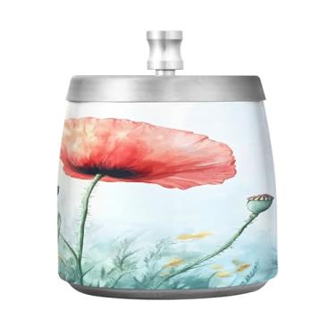 Imagem de Qilmy Linda flor de papoula cinzeiro de aço inoxidável com tampa - Cinzeiro de cigarro à prova de vento sem cheiro sem fumaça para casa, escritório, carro, pátio, varanda (uso interno e externo)