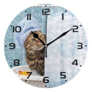 Imagem de JUZIHAI Relógio de parede com gato tomando banho, silencioso, sem tique-taque, redondo, operado por bateria, fácil de ler, relógio decorativo de parede para casa, cozinha, sala de estar, quarto