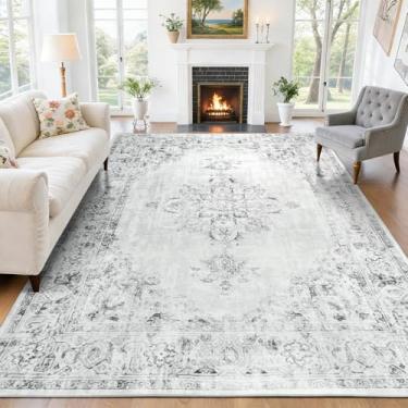 Imagem de Tapetes laváveis na máquina de 1,8 x 1,8 m para sala de estar, tapete macio vintage cinza claro para quarto, resistente a manchas, antiderrapante, para sala de jantar, cozinha, fazenda, escritório