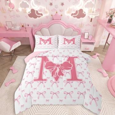 Imagem de Feelyou Conjunto de edredom com laço rosa para todas as estações, letra M, conjunto de cama com 2 fronhas, laços de coquete, microfibra, roupa de cama de casal com monograma, para decoração de quarto
