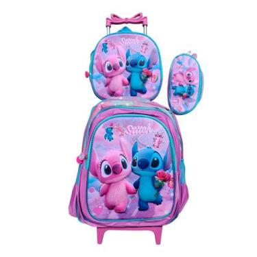 Imagem de Kit Mochila Infantil Stitch com Rodinhas + Lancheira + Estojo Escolar 