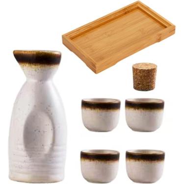 Imagem de Conjunto de saquê japonês garrafa de saquê de cerâmica copos e aquecedor de saquê para casa ou restaurante, 1 pote 4 copos 1 bandeja (marrom e branco)