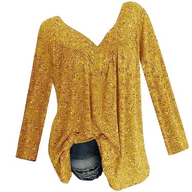Imagem de Camisetas juvenis com estampa floral folgada para mulheres gola V franzido outono verão camiseta 2024, T-138 amarelo mostarda, M