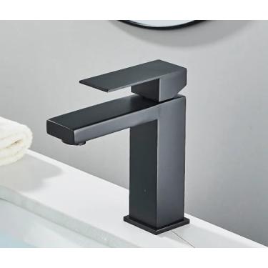 Imagem de Preto fosco torneira da bacia do banheiro ouro deck montar misturador de água fria pia estilo simples único furo torneiras pia banho guindaste, preto curto