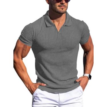 Imagem de YKR Camisa polo masculina gola V slim fit manga curta camiseta de golfe malha canelada macia stretch, Cinza, M