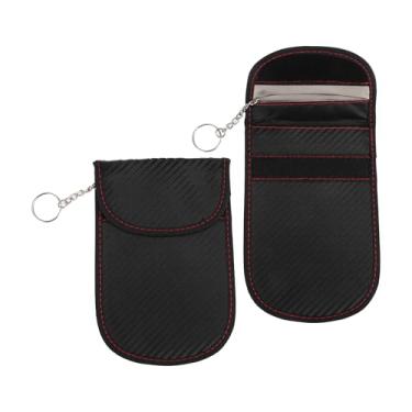 Imagem de VekAuto 2 peças, bolsa Faraday, sacos de bloqueio de sinal RFID universais para acionador de partida de carro sem chave de carro, protetor de chaveiro de fibra de carbono preto
