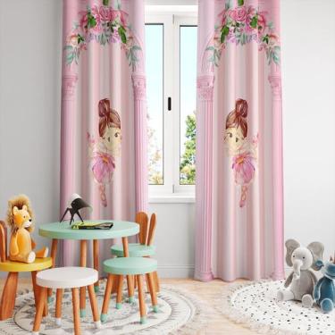 Imagem de Cortina Tecido Oxford Quarto Infantil Bailarina Listras e Arco Rosa - 