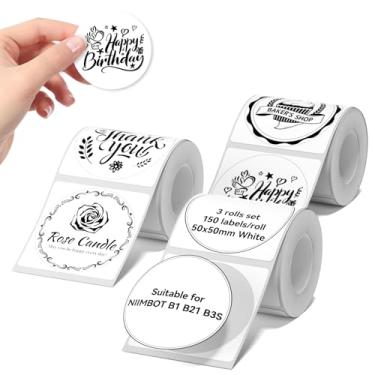 Imagem de NIIMBOT Conjunto de 3 rolos de etiquetas para impressora de adesivos B1/B21/B3S, 50 x 50 mm (1,97" x 1,97 pol.), 150 etiquetas/rolo, refil de fita de etiquetagem para casa, escola, escritório