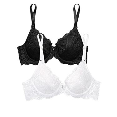 Imagem de Smart & Sexy Sutiã push-up feminino de renda, Tom preto/branco, pacote com 2, 32B