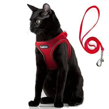 Imagem de PetiFine Conjunto de coleira e peitoral para cães extrapequeno, peitoral para gatos e à prova de fuga, malha refletiva para todos os climas, colete de ar para filhotes (PPP, vermelho)