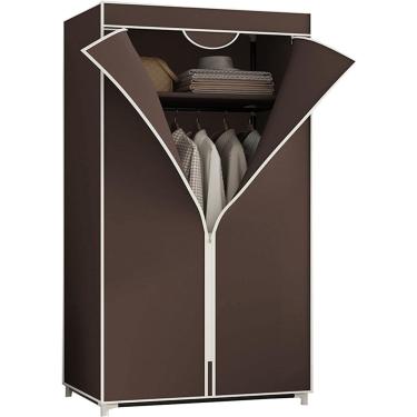 Imagem de HLMSRXJ Guarda-roupa de lona, ​​prateleiras de guarda-roupa portáteis com trilho suspenso, prateleiras, capa de tecido, organizador de armazenamento de armário de roupas, cinza, 155x70x45