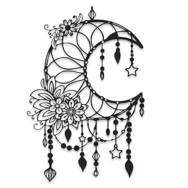 Imagem de Xedatric Decoração de parede de fase da lua preta fosca - Arte de parede de lua de metal elegante com estrelas florais e penduradas - Decoração de quarto celestial para interior e exterior