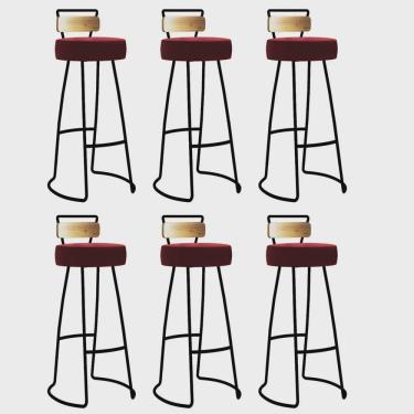 Imagem de Kit 06 Banqueta Alta Alice Bar Balcão Cozinha Com Encosto Madeira Ferro Preto Suede Vermelho - Ahz Móveis