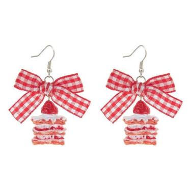 Imagem de Brincos de morango para mulheres, laço vermelho, fofo, bolo de morango, brincos com pingente de gota de fita acrílica 3D engraçada, brincos de declaração de frutas, joias modernas, presentes, Large